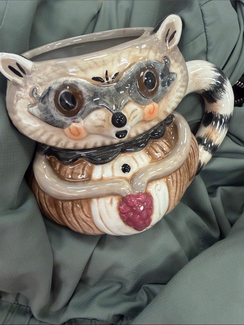 Johanna Parker Ceramic Racoon MUG in Brown and Cream with Pink Accent